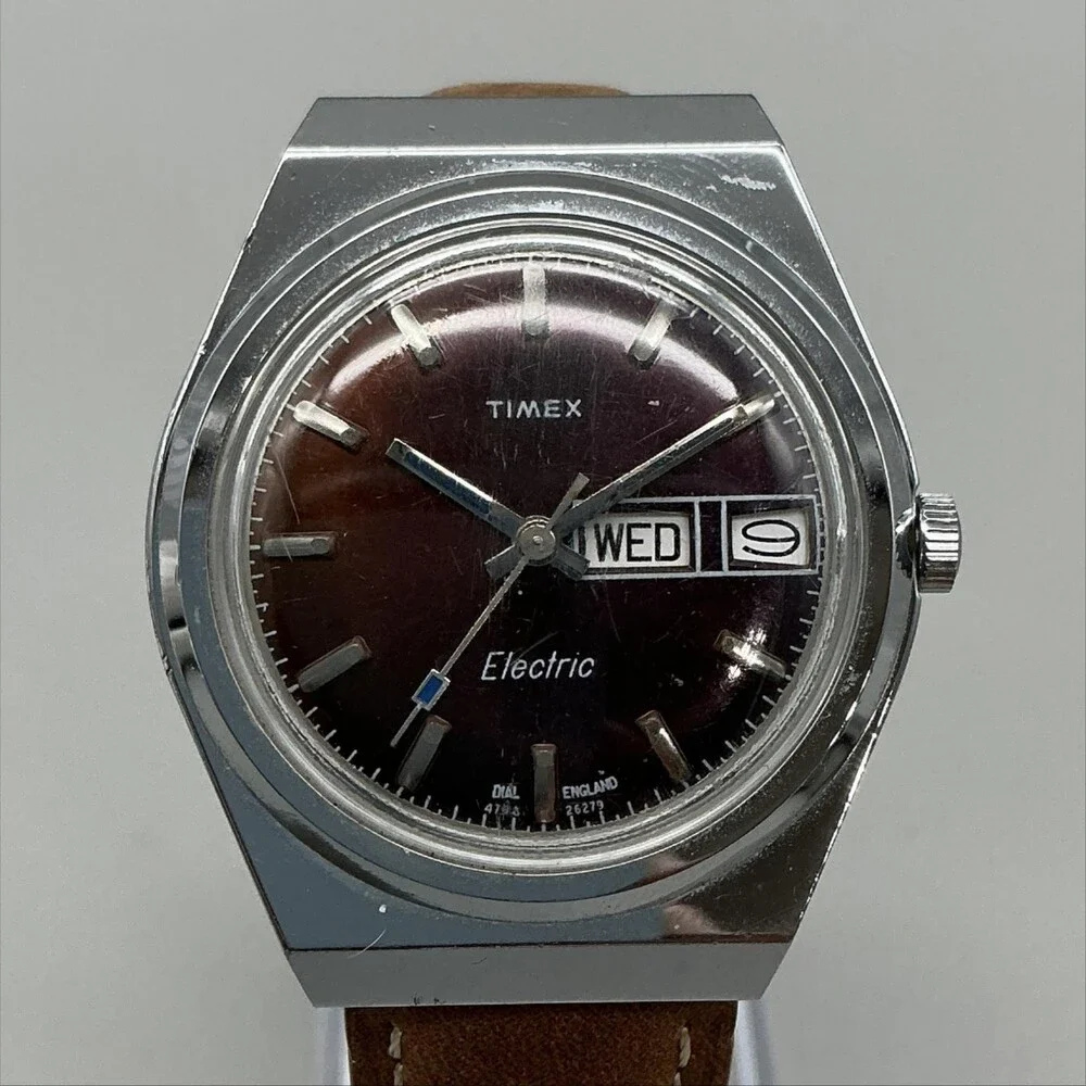 Vintage 1970s Timex Electric Mens Watch 38mm Brown Dial Day Date Leather Strap